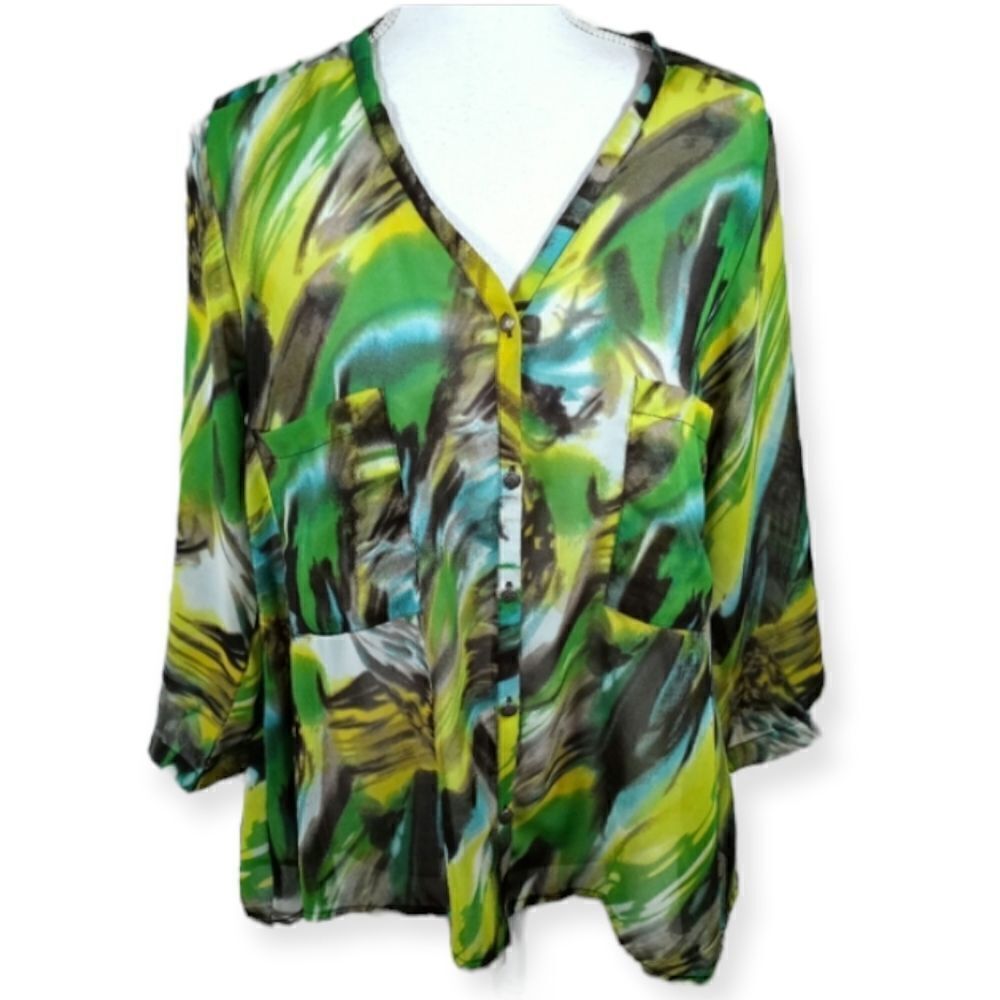 KAKTUS GREEN, YELLOW, & BLACK SHEER BLOUSE SZ.S EUC